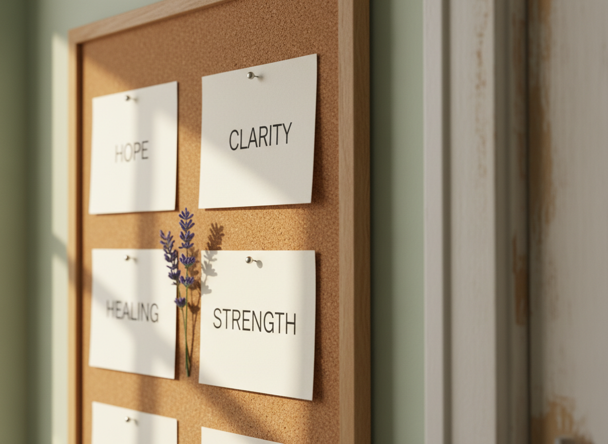 A close-up of a textured cork therapy bulletin board displaying neatly pinned therapy-related cue cards, each with a single grounding word such as “hope,” “clarity,” “strength,” and “healing,” written in clean, dark ink on thick off-white cardstock. A small sprig of dried lavender is pinned between two cards, adding an organic touch. The board hangs on a softly painted light-sage wall, with the edge of a wooden doorframe barely visible, blurred in the background. Gentle morning window light from the side creates subtle shadows behind each card, emphasizing depth and tactility. Photographic realism with a shallow depth of field, calm and focused mood, symbolizing clients’ progress from confusion to organized understanding and inner resilience.