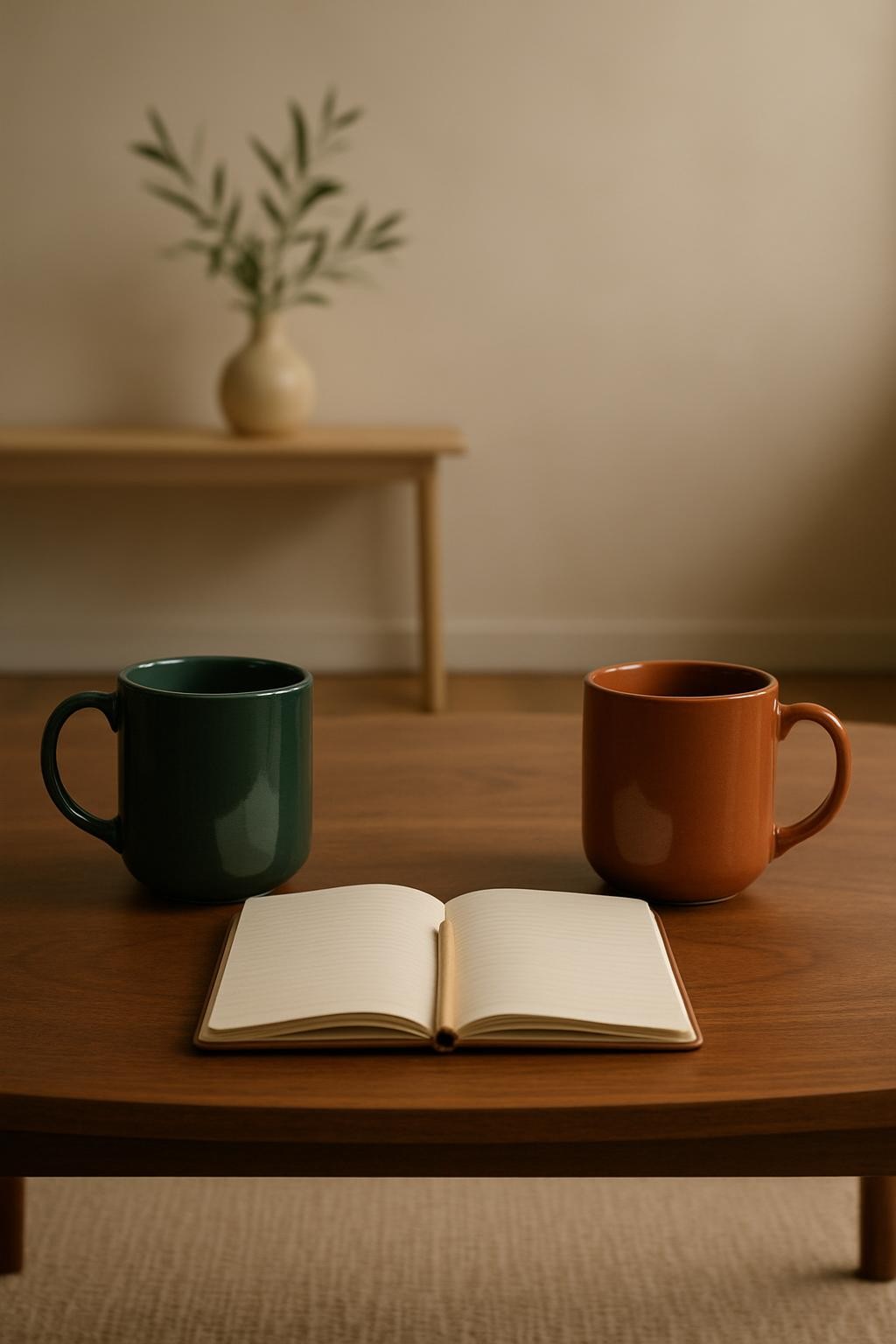 An evocative image symbolizing marital conflict resolution: two ceramic mugs, one deep forest green and the other warm terracotta, sit on opposite sides of a smooth walnut coffee table, separated by an open notebook and a single wooden pencil laid precisely between them. A neutral-toned rug lies beneath, and in the distance, slightly out of focus, sits a small vase with olive branches on a minimalist console table against a soft beige wall. Gentle, indirect daylight from a side window creates soft reflections on the mugs’ glazed surfaces and subtle shadows stretching toward each other. Photographic realism with a centered, symmetrical composition and moderate depth of field, creating a calm, steady mood that hints at distance, dialogue, and the possibility of reconnection.