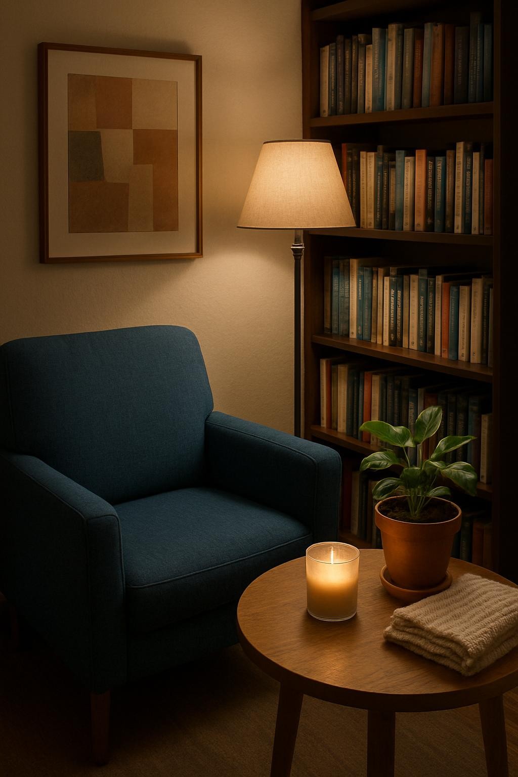 A cozy therapeutic office corner featuring a deep blue upholstered armchair facing a small round oak side table that holds a single candle in a frosted glass holder, a terracotta pot with a thriving green plant, and a folded knitted throw blanket. Behind, a tall bookcase filled with well-worn clinical texts and tasteful abstract art in muted earth tones lines the wall. Soft, diffused evening light from a shaded floor lamp creates a warm, enveloping atmosphere, with delicate highlights on the plant leaves and gentle shadows that define the textures. Photographic realism, shot from a slightly elevated angle with balanced composition, emphasizing calm, privacy, and emotional safety.